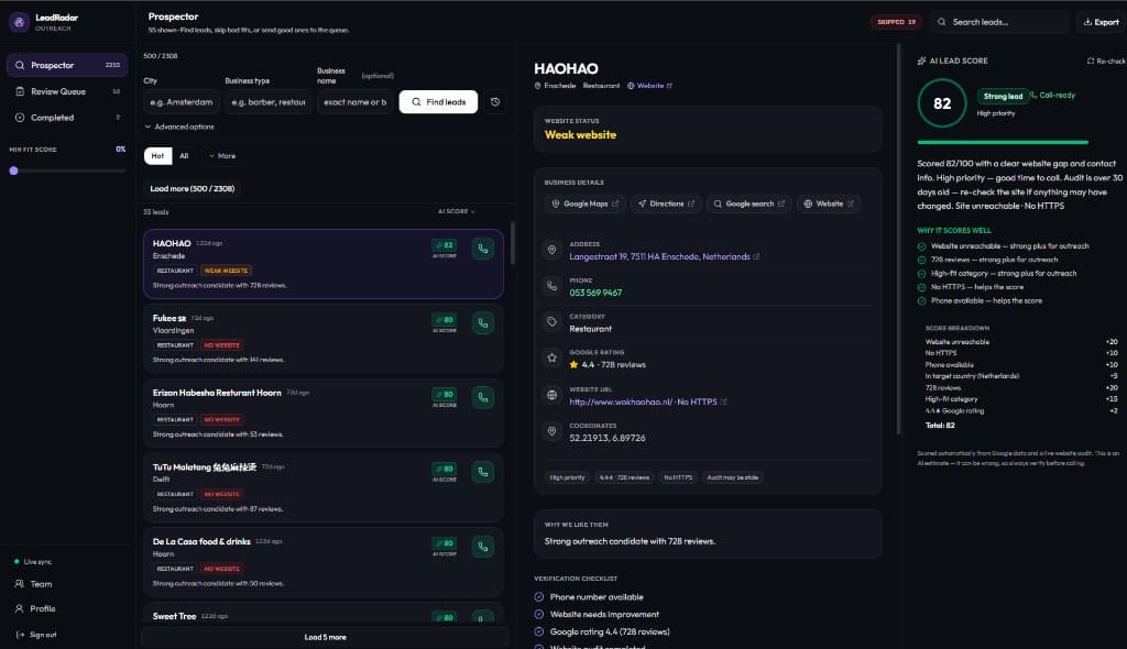 Screenshot of LeadRadar